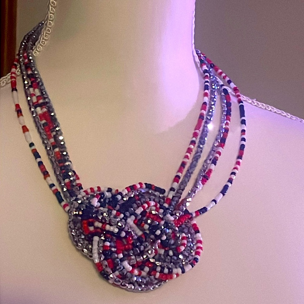 Red, White, Blue and Silver knotted bead necklace